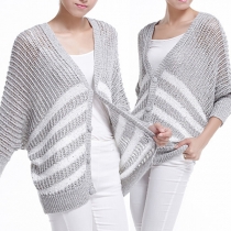 Fashion Dolman Sleeve Contrast Color Striped Knit Cardigan