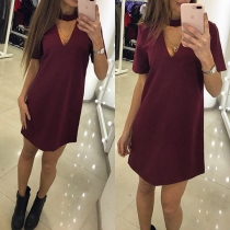 Elegant Solid Color Short Sleeve Hollow Out V-neck Dress