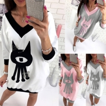 Cute Style Contrast Color Cartoon Pattern Long Sleeve V-neck Dress