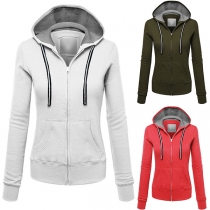 Fashion Solid Color Long Sleeve Hooded Sweatshirt Coat