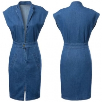 Sexy Deep V-neck Sleeveless Slim Fit Denim Dress