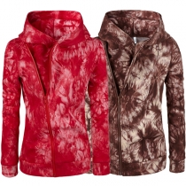 Fashion Tie-dye printed Long Sleeve Hooded Oblique Zipper Sweatshirt