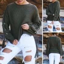 Fashion Solid Color Lace-up Long Sleeve Round Neck Sweater
