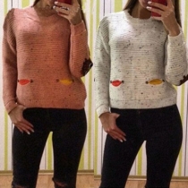 Cute Owl Pattern Long Sleeve Round Neck Mixed Color Sweater