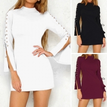 Elegant Solid Color Lace-up Slit Trumpet Sleeve Slim Fit Mini Dress
