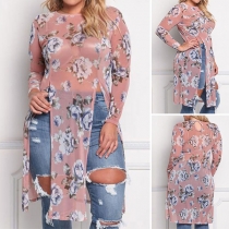 Fashion Long Sleeve Round Neck Slit Hem See-through Printed Top