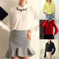 OL Style Long Sleeve POLO Collar Solid Color Chiffon Shirt