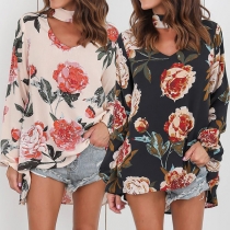Fashion Long Sleeve Choker V-neck High-low Hem Printed Top