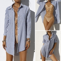 Fashion Long Sleeve POLO Collar Slit Hem Striped Shirt