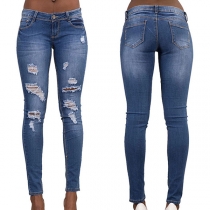 Fashion Solid Color Middle-Waist Ripped Skinny Jeans