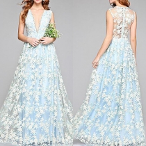 Sexy Deep V-neck Long Hem Sleeveless Lace Party Dress
