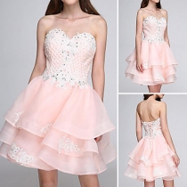 Sexy Strapless High Waist Rhinestone Lace Spliced Party Dress 