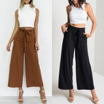 Fashion Solid Color High Waist Self-tie Waist Strip Ankle-length Wide-leg Pants