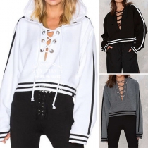 Fashion Contrast Color Long Sleeve Lace-up V-neck Hooded Sweatshirt