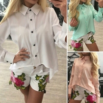 Chic Style Back-zipper Long Sleeve High-low Hem Solid Color Shirt