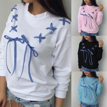 Fashion Lace-up Bowknot Long Sleeve Round Neck Sweatshirt