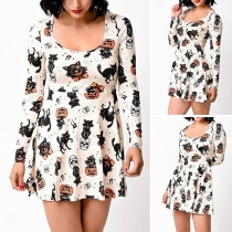 Fashion Long Sleeve Round Neck Animal Printed Dress