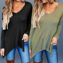 Fashion Solid Color Long Sleeve V-neck Irregular Hem Top