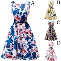 Retro Style Sleeveless Round Neck Printed Dress with Waistband