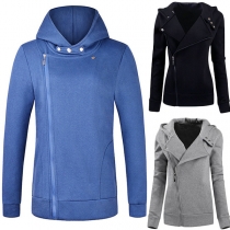 Fashion Solid Color Long Sleeve Hooded Oblique Zipper Sweatshirt