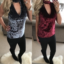 Fashion Solid Color Sleeveless Choker V-neck Slim Fit T-shirt