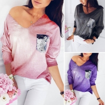 Fashion Solid Color Long Sleeve V-neck Sqeuin Spliced T-shirt