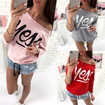 Sexy Oblique Shoulder 3/4 Sleeve Drawstring Hem Letters Printed T-shirt
