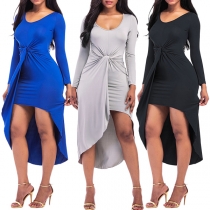 Elegant Solid Color Long Sleeve Round Neck Irregular Hem Knotted Dress