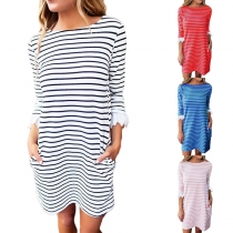 Fashion Lace Spliced 3/4 Sleeve Round Neck Striped Dress