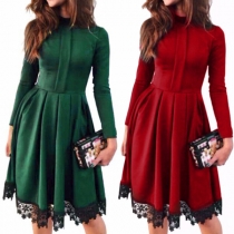 Elegant Solid Color Long Sleeve Mock Neck Lace Spliced Hem Dress