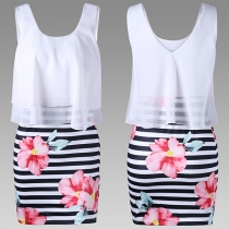 Fashion Sleeveless Round Neck Chiffon Spliced Mock Two-piece Striped Dress
