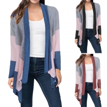Fashion Contrast Color Long Sleeve Irregular Hem Cardigan