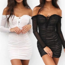 Sexy Off-shoulder Long Sleeve Solid Color Tight Dress