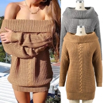 Sexy Off-shoulder Boat Neck Long Sleeve Solid Color Sweater