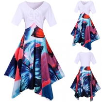 Fashion Short Sleeve V-neck Butterfly Printed Irregular Hem Dress