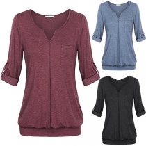 Fashion Solid Color Long Sleeve V-neck T-shirt
