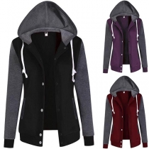 Fashion Contrast Color Long Sleeve Hooded Sweatshirt Coat（Size Run Small）