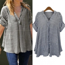 Fashion Short Sleeve V-neck Loose Plaid Blouse