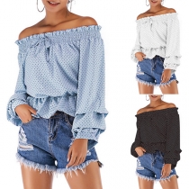 Snygg off-shoulder båthals långärmad blus med rosett och ränder