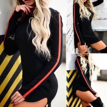 Fashion Contrast Color Long Sleeve Arc Hem Tight Dress