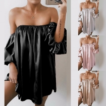 Sexy Off-shoulder Lantern Sleeve Solid Color Loose Dress