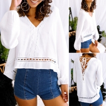 Sexy Lace-up Backless V-neck Long Sleeve High-low Hem Solid Color Top