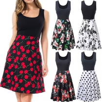 Simple Style Sleeveless Round Neck Printed Spliced Dress