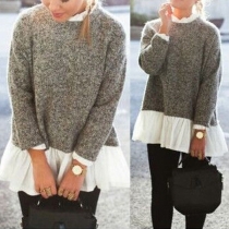Fashion Long Sleeve Stand Collar Ruffle Hem Shirt-style Sweater