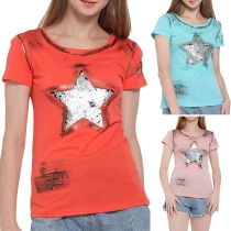 Fashion Sequin Pentagram Short Sleeve Round Neck Ripped T-shirt