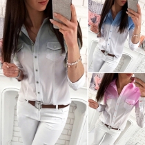 Fashion Color Gradient Long Sleeve POLO Collar Shirt