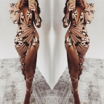 Sexy Deep V-neck Irregular Hem Long Sleeve Printed Dress