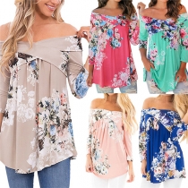 Sexy Off-shoulder Boat Neck Long Sleeve Printed T-shirt
