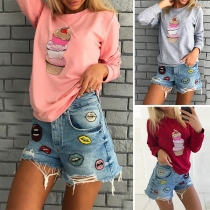 Fashion Long Sleeve Round Neck Cake Printed Sweatshirt