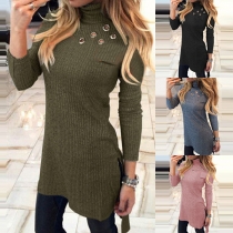 Fashion Solid Color Long Sleeve Turtleneck High-low Hem Keyhole Dress